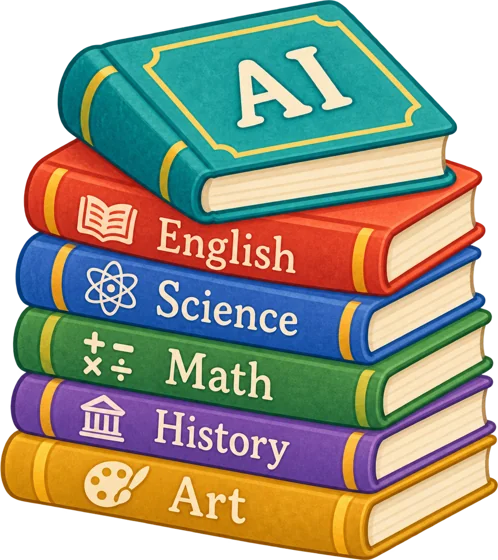 An AI book on top of a stack of English, Science, Math, History and Art books