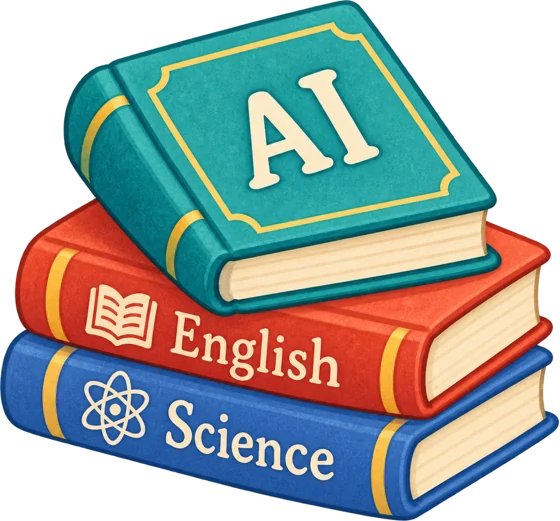 An AI book stacked on top of English and Science books
