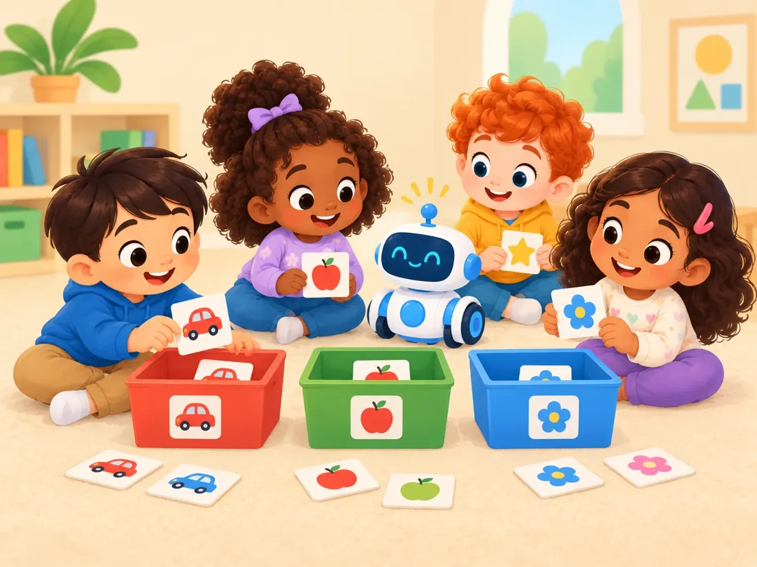 Young students sorting picture cards into coloured boxes with a friendly toy robot