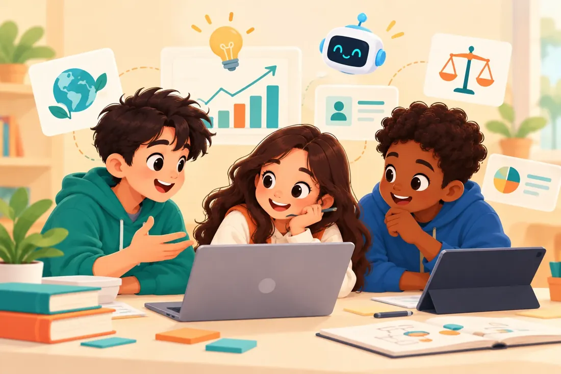 Three students discussing an AI project around a laptop, with panels for sustainability, growth data, ethics and profiles