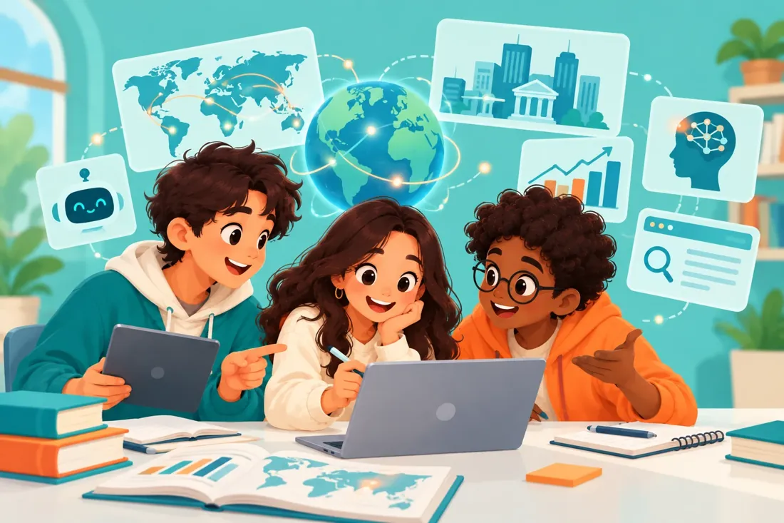 Three students researching global AI with a glowing globe, world maps, city and data panels