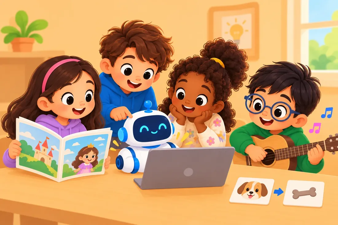Students gathered around a laptop and a friendly robot, with a storybook, a guitar and matching picture cards