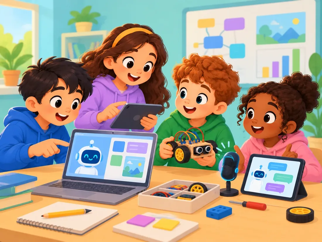 Students working together with a laptop, tablets, a microphone and a small robot car they built