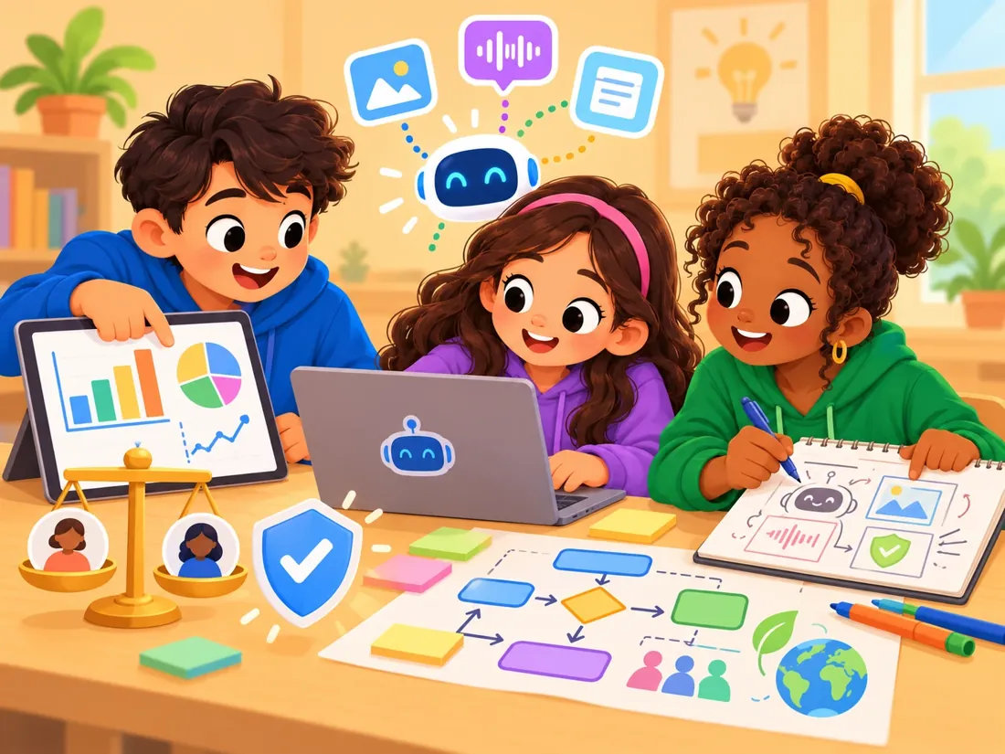 Three students planning an AI project with charts, a flowchart, a fairness scale and a safety shield