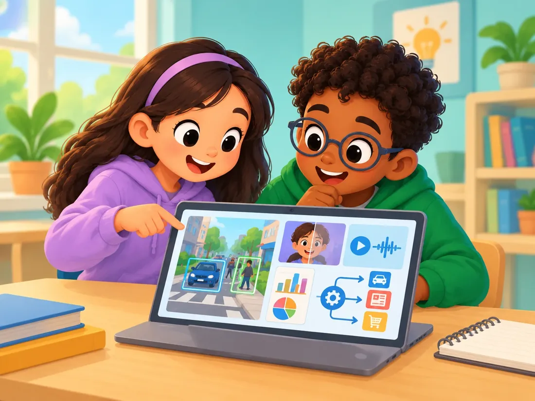 Two students exploring a tablet showing object detection, a deepfake comparison, audio and data charts