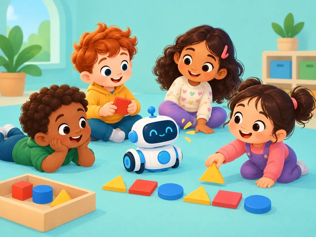Kindergarten children playing with shape blocks and a friendly toy robot