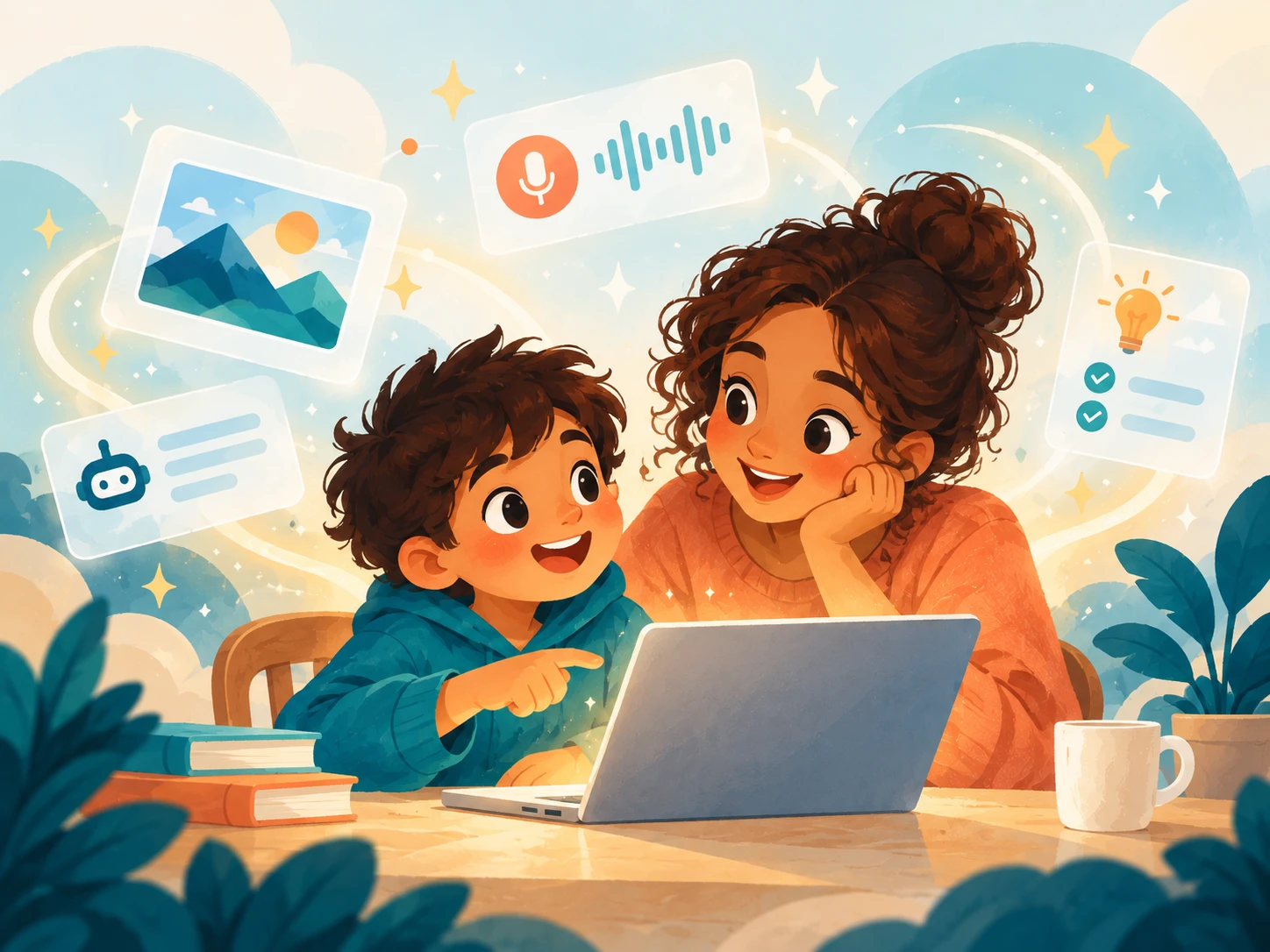A parent and child smiling together at a laptop, surrounded by floating AI learning cards for images, voice, a tutor and checklists