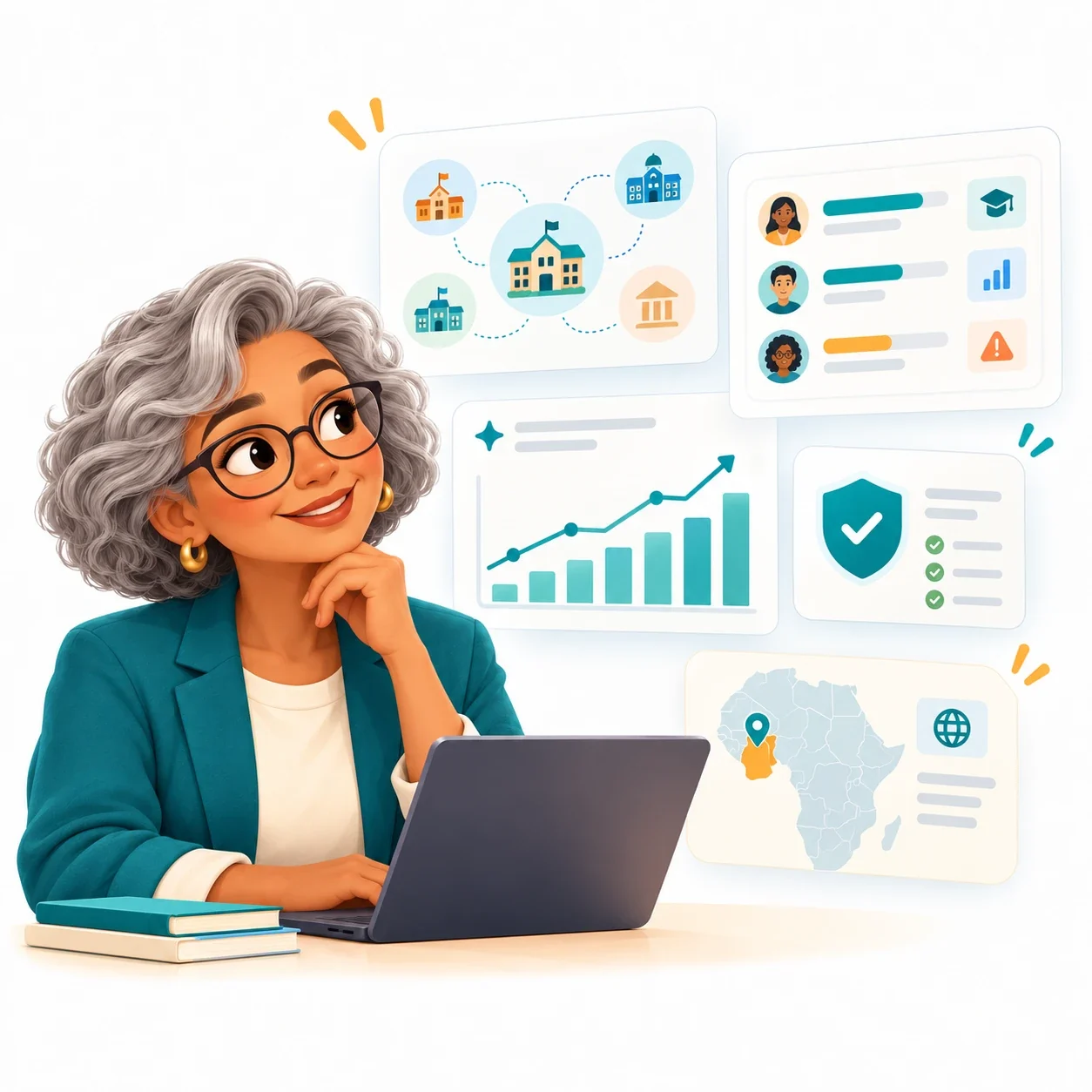 An education leader at her laptop with system-wide views: a network of connected schools, teacher progress and readiness, growth charts, safeguards in place, and a map of Africa highlighting Ghana