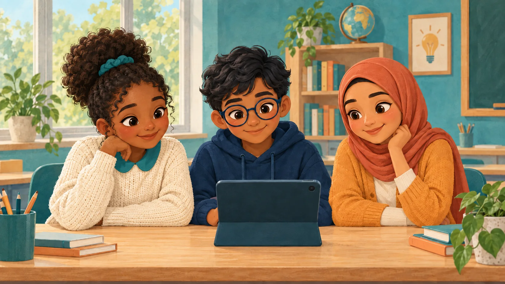 Lesson scene: three students around a tablet with a friendly classroom robot