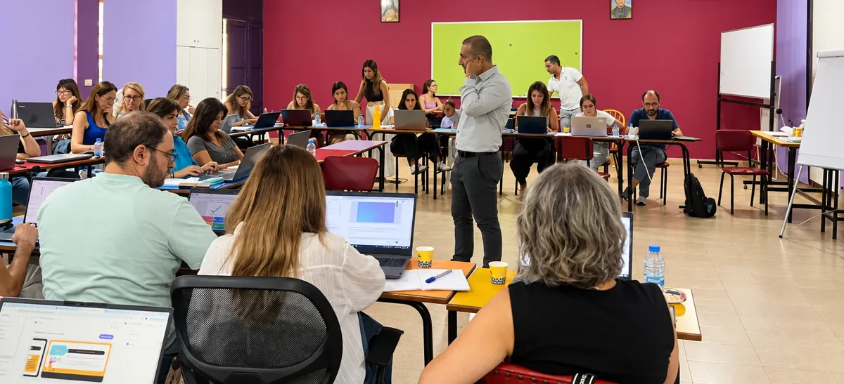 Teachers working on laptops in a classroom while the trainer leads the Advanced Prompting course