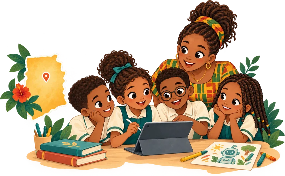 Illustration of a teacher and four students in Ghana gathered around a tablet, with a map of Ghana, books and a robot drawing