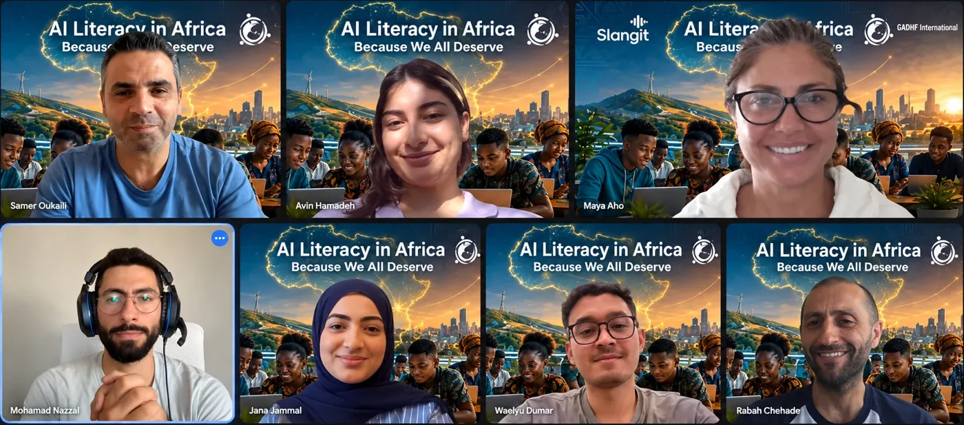 Video call grid of the Slangit team in front of an 'AI Literacy in Africa — Because We All Deserve' background