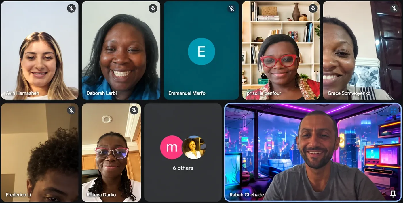 Video call grid of Ghanaian educators and the Slangit team smiling during an AI Literacy 101 session