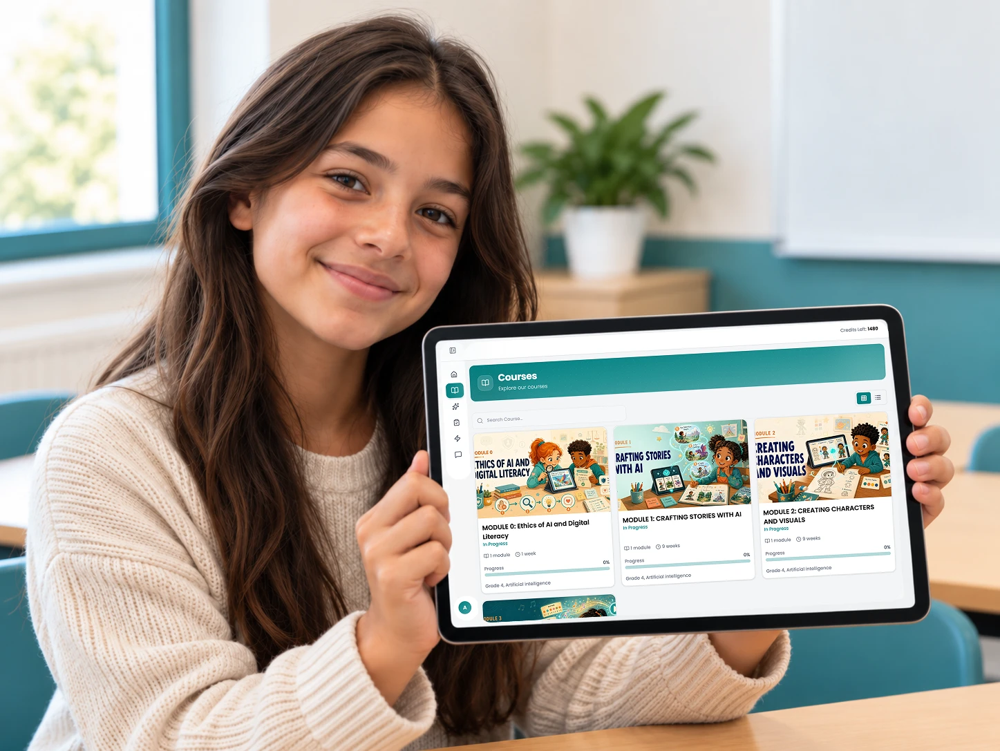 A smiling student holding a tablet showing the aiSTART Grade 4 course library