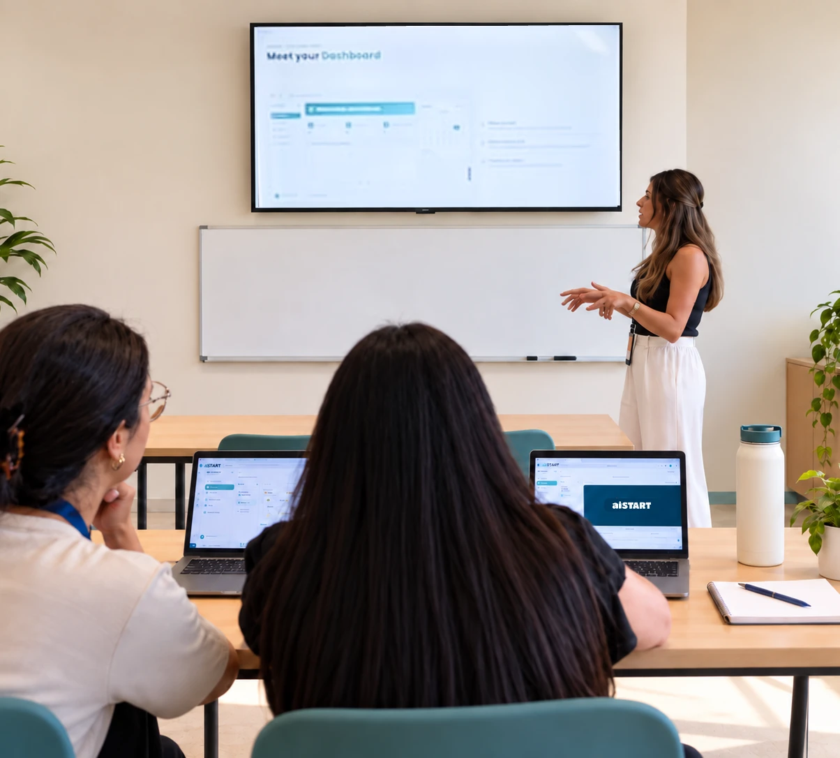 An aiSTART trainer presenting the teacher dashboard on a wall screen to teachers following along on laptops