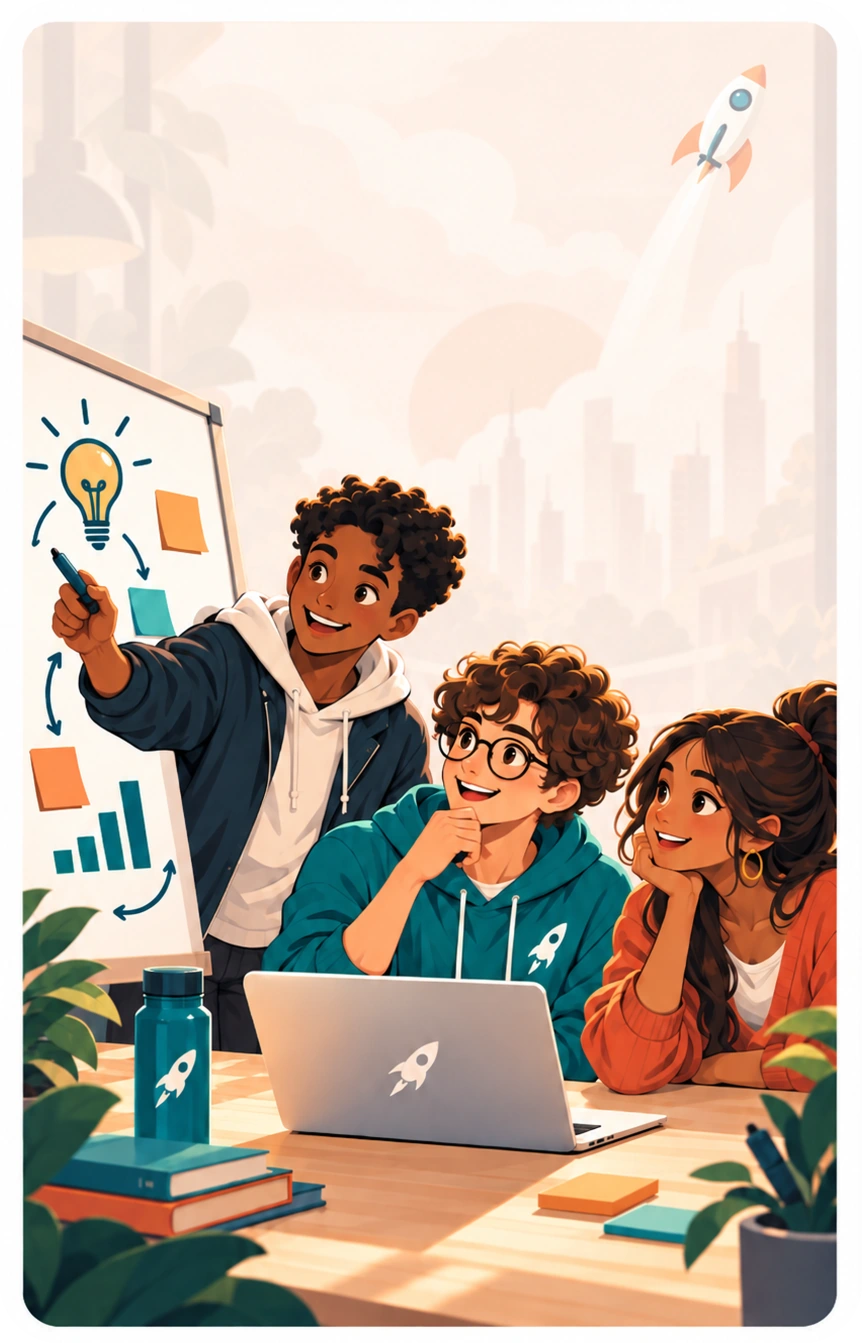 Illustration: a team of students brainstorming a startup idea at a whiteboard