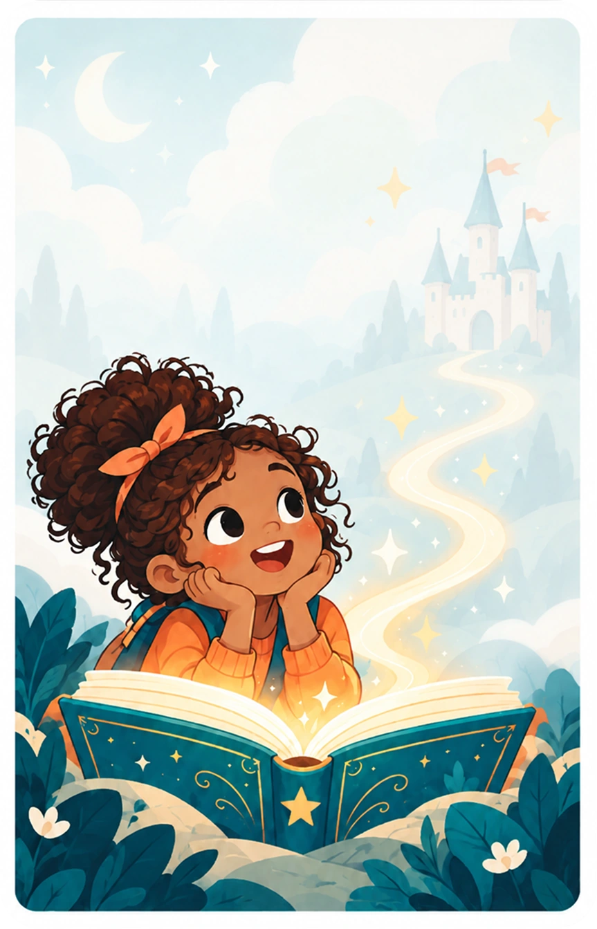Illustration: a young student reading a glowing storybook that leads to a castle