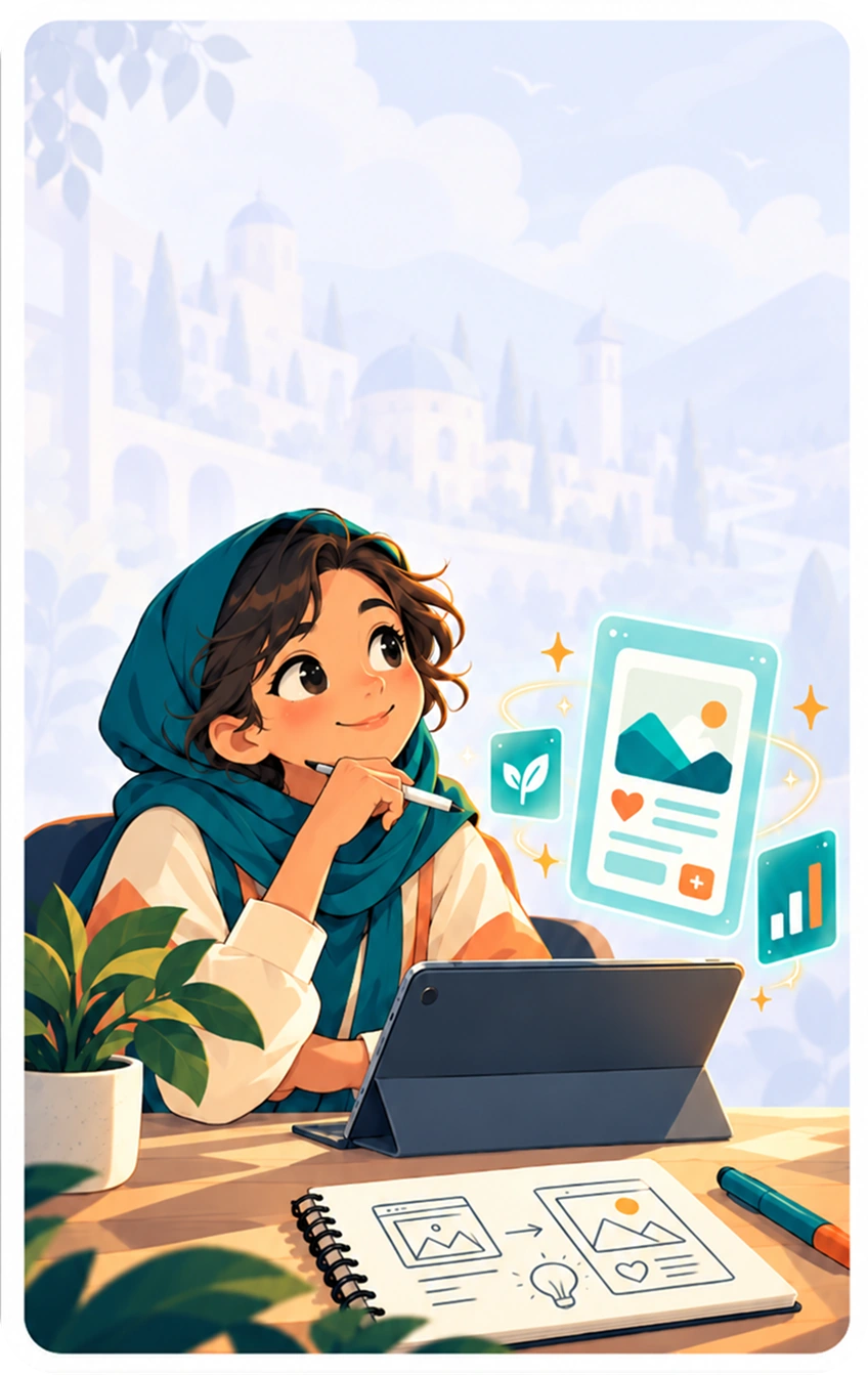 Illustration: a student sketching an app design on a tablet