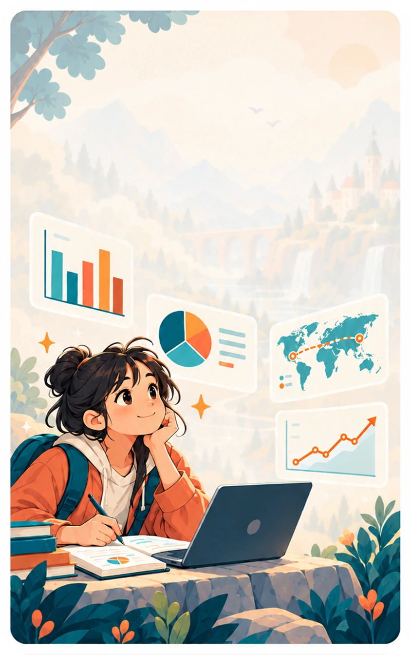 Illustration: a student analysing charts and a world map on a laptop