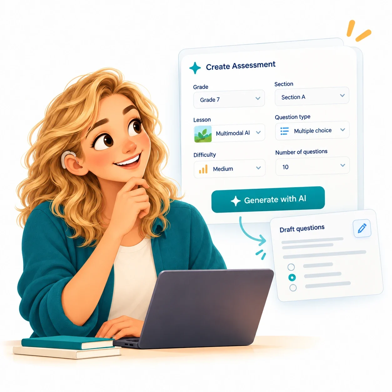 A teacher at her laptop uses Create Assessment: Grade 7, Section A, the Multimodal AI lesson, multiple choice, medium difficulty and 10 questions, then Generate with AI produces draft questions to edit