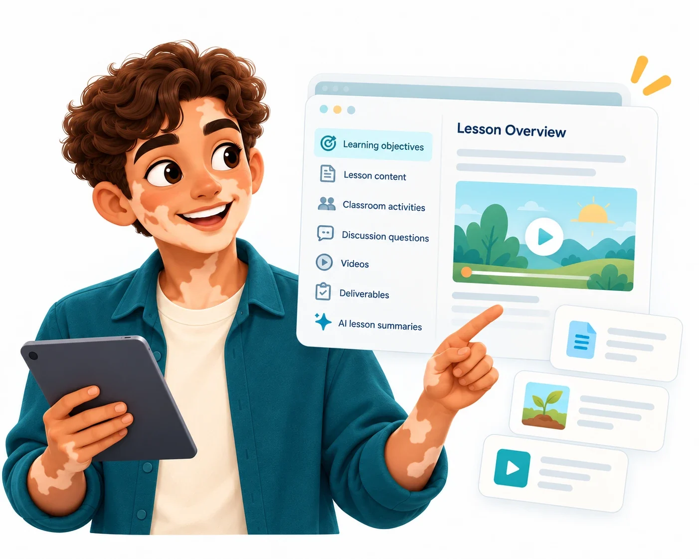 A smiling teacher holding a tablet points to an aiSTART lesson page listing learning objectives, lesson content, classroom activities, discussion questions, videos, deliverables and AI lesson summaries
